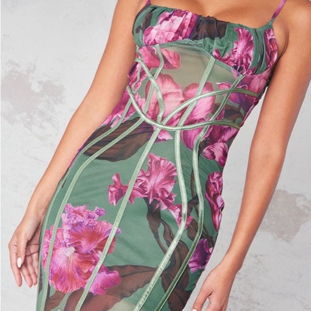 Floral Mesh Dress with Pink and Green Design